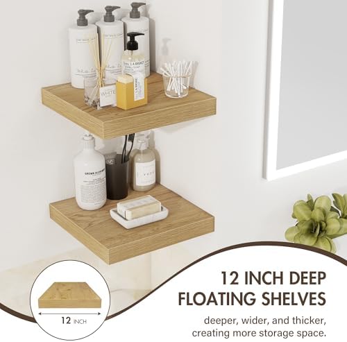 Acovy 12 Inch Floating Shelves, 12" Deep Floating Shelf Wall Mounted, 12" Wall Shelves, Rustic Deep Bookshelf, Extra Deeper Display Shelves & Storage Shelves for Bedroom, Living Room, Set of 3 - Image 5