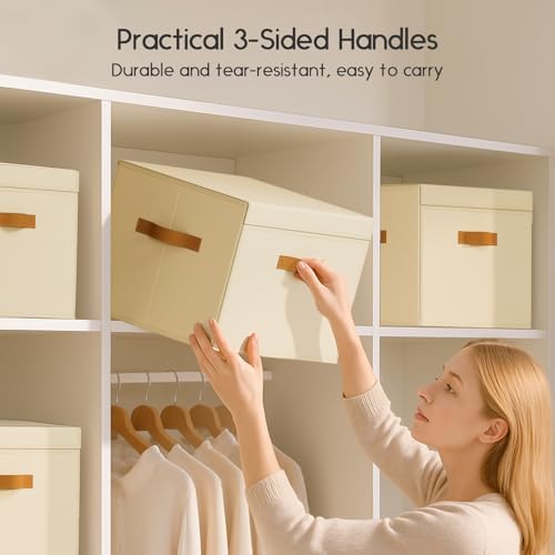 Homsorout Large Storage Bins with Lids - Front Opening Fabric Storage Bins, Flap Closet Organizer with Handles, Collapsible Boxes with Lid, Decorative Basket for Home, Dorm, 4 Pack, Beige - Image 5