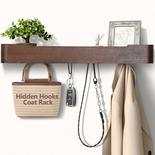 Coat Rack Wall Mount with Shelf 8 Hidden Hooks Modern Wooden Key Holder Entryway Organizer for Hallway Bedroom Bathroom Home Decor Storage for Hanging Coats Hats Bags Towels, Walnut by Jadoxy
