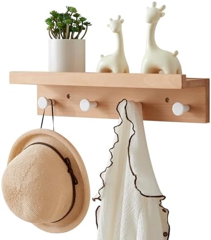 Wall Hooks with Shelf 19 inch, Beech Wood Entryway Wall with 4 Hooks, Floating Shelf Coat Rack for Bathroom, Living Room, Bedroom by Sikflmi