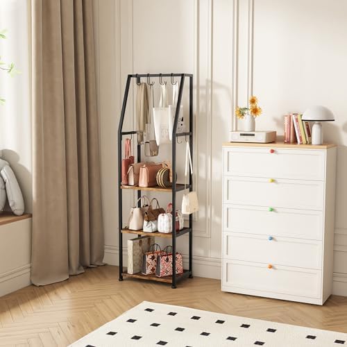 Tall Narrow Purse Organizer Stand with Purse Hanger, High-Capacity Floor-Standing Handbag Rack for Small Spaces | Space-Saving Fashion Bags & Purse Display Organizer﻿(Rustic Brown) - Image 2