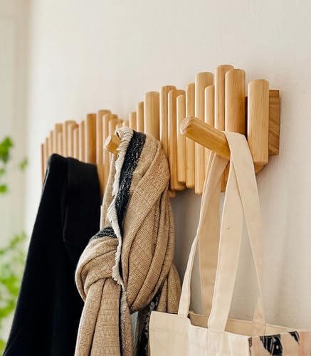 Modern Wooden Wall Mounted Coat Rack, 5-Hooks, Decorative Wall Hooks for Purse, Bags & Hats, Heavy Duty, Sturdy, Natural Pine Wood, Pull Down Hooks, Easy to Install - Image 4