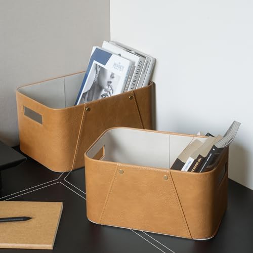LA JOLIE MUSE Faux Leather Storage Baskets for Organizing, Camel 2 Pack - Image 4