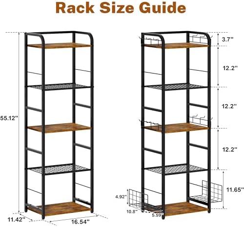 Tall 5-Tier Purse Organizer for Closet, Purse Rack Stand for Purse Storage, Metal & Wood Handbag Organizer with 4 Side Hooks and 2 Baskets, Space-Saving Narrow Purse Shelf for Small Space, Bedroom - Image 2