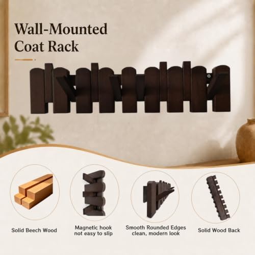 Piano Coat Rack, Solid Beech Wall Hooks, Walnut Finish, 8 Hooks - Image 6