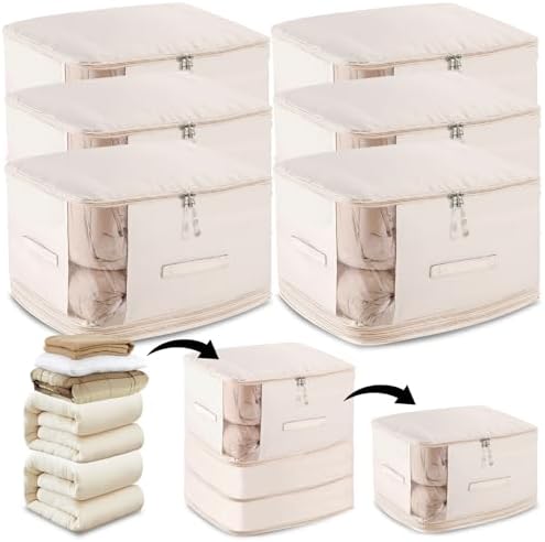 6 Pack Space Saving Comforter Storage Bag with Handle, 3-Layer Compression Blanket Storage Bags Adjustable In 3 Sizes (142L, 107L, 71L), Washable Bedding Organizer For Pillow Duvet Clothing Plush Toy by Unknown