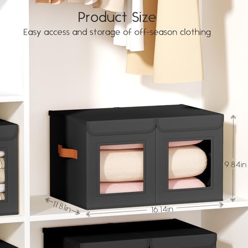 Homsorout Large Closet Storage Bins - Collapsible Divided Clothes Organizer with Lids & Dual Window, Fabric Organizing Bins for Clothes, Sweater, Bedroom, Office (Black, 4 Pack) - Image 7