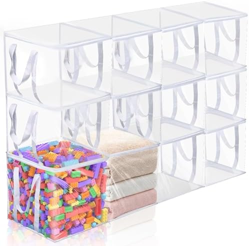 12 PCS Clear Plastic Organizers 12''x12''x12'' Blanket Storage Bags with Zipper Storage Cube Tote with Reinforced Handles for Clothes Moving Supplies Linens Shoes Closet Toys Organizers by Wholelovein