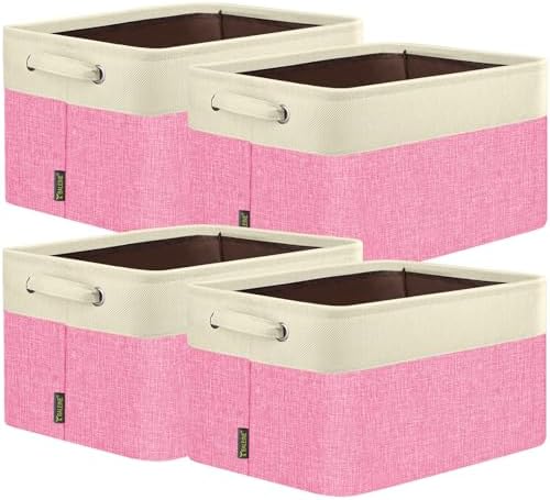 BALEINE 4 Pack Fabric Closet Storage Bins for Shelves, Linen Closet Organizers and Storage, Decorative Baskets for Organizing, Shelf, Clothes, Home, Office (Pink, 17''x13''x10.5'') by BALEINE