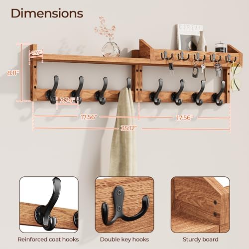 Evermagin 35" Coat Rack Wall Mount with Shelf & 13 Hooks, Entryway, Brown - Image 2