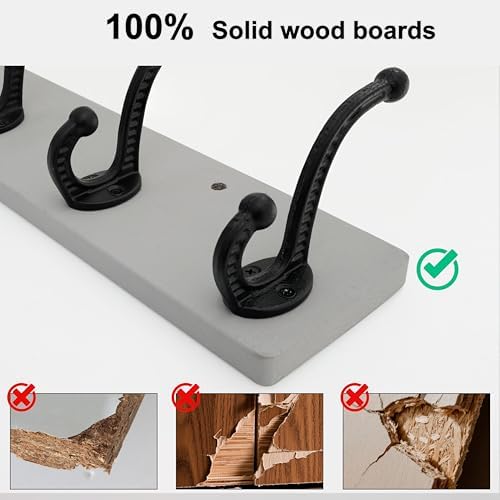 WEBI Rustic Coat Rack Wall Mount,24" Long 6 Cast Iron Coat Hooks Wall Mounted,Heavy Duty Wood Wall Coat Hanger Hooks for Hanging Coats,Jacket,Clothes,Backpack,Farmhouse,Gray,2 Packs - Image 5