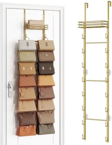 SWTYMIKI Over the Door Purse Organizer - Wall Mounted Handbag Organizer with 16 Hooks and Metal Basket, Hanging Purse Storage Rack Holds up to 16 Bags, Bag Rack Can Use As 1/2 Part, for Door, Closet by SwtyMiki-TidyHomeSweetLife