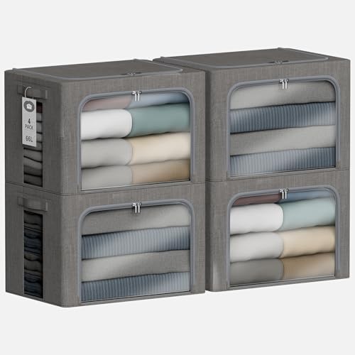 4 Pack Clothes Storage Bins with Metal Frame - 66L Stackable Storage Box with Lid，Foldable Storage Container Organizer for Clothes，Linen Fabric Storage Box with Clear Window＆Zippers＆Handles by Chizjox