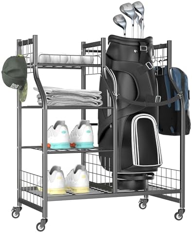 WALMANN Garage Golf Bag Stand, Large Golf Bag Storage with Golfing Accessories Storage Shelves Rolling Golf Bags Organizer by WALMANN