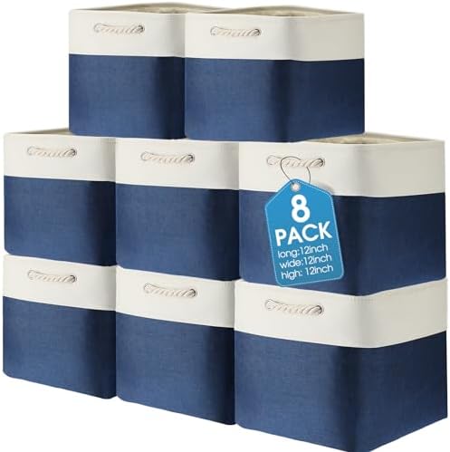 meekoo 8 Pack Fabric Storage Bins Baskets, 12 x 12 x 12 in, Blue White by meekoo