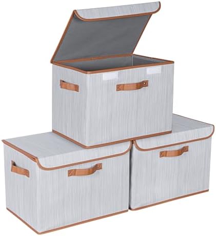 Univivi Fabric Storage Bins with Lids, Stackable Storage Box, Grey, 3 PCS by Univivi