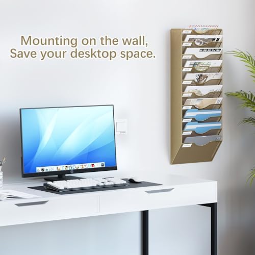 EasyPAG 10 Pocket Mesh Wall File Organizer, Hanging Paper Folder Holder with Classify Label, Vertical Wall Mount Mail Organizer for Office Home Classroom, Gold - Image 2