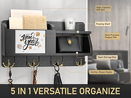 Rebee Vision Key Holder for Wall Set : 10" Key Rack with 5 Hooks & 16" Mail Organizer with Chalkboard and 4 Anchor Hooks for Home Apartment Entryway Decor - Black - Image 4