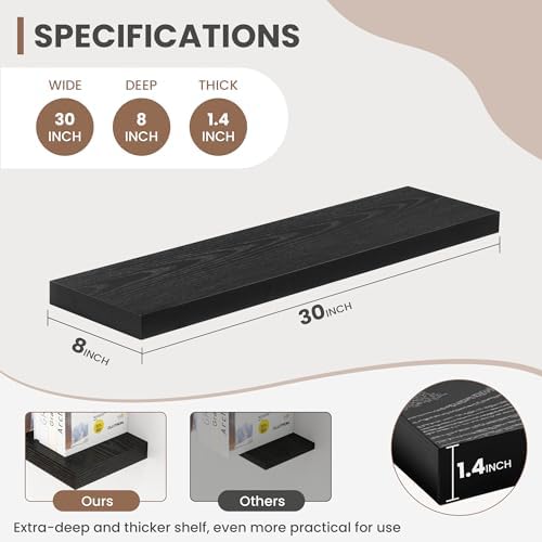 Acovy 30 Inch Floating Shelves, 8 Inch Deep Floating Shelves for Wall, Hanging Shelf with Invisible Brackets, Deep Shelves for Bathroom, Bedroom, Living Room, Black, Set of 2 - Image 3