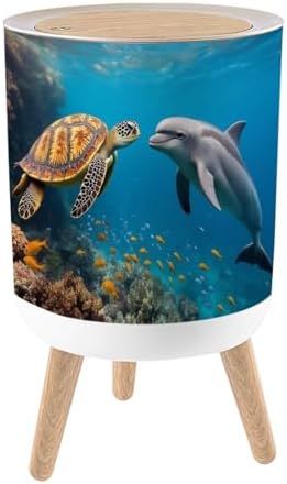 Trash Can with Lid Dolphin Turtle Underwater Reef Small Garbage Can with Legs Waste Bin Press Cover Wastebasket for Kitchen Bathroom Living Room 7L/1.8 Gallon by Unknown