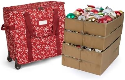 Covermates Keepsakes Rolling Adjustable Ornament Storage Bag – Heavy-Duty Polyester, FlexGrid Trays & Padded Dividers – Protective Holiday Organizer with Wheels, Handles & ID Window, Red Snowflake by Covermates