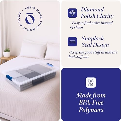 HOMZ Under Bed Clear Plastic Storage Bin w/Lid, 60 Qt, Blue Latch, 2 Pack - Image 3