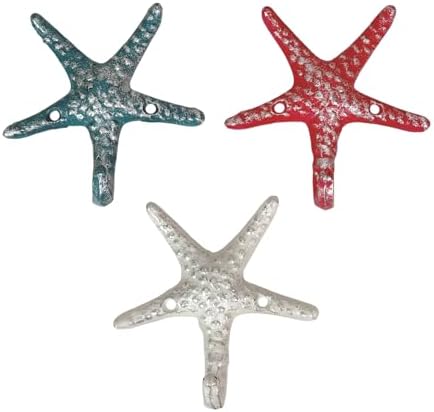 Zeckos Set of 3 Starfish Wall Hooks, Blue and Coral Orange, 4.5 Inch by Zeckos
