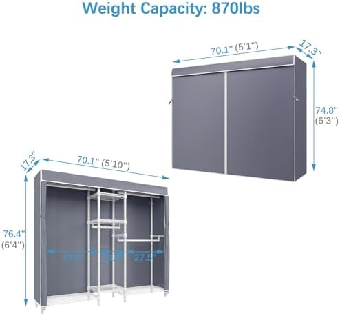 VIPEK Classic V6C Heavy Duty Covered Clothes Rack Portable Wardrobe Closet, 5 Tiers Wire Garment Rack White Metal Clothing Rack with Grey Oxford Cover, 70.1" L x 17.3" W x 76.4" H, Max Load 870 LBS - Image 4