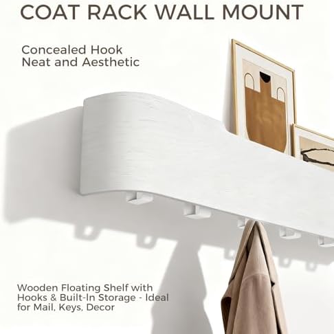 Coat Rack Wall Mount with Shelf Entryway Shelf Modern Key Holder Hanger Wall Shelves with Hidden Hooks for Hanging Towels Coats Hats Bags for Hallway Bathroom Bedroom(White, 8 Hooks) - Image 4