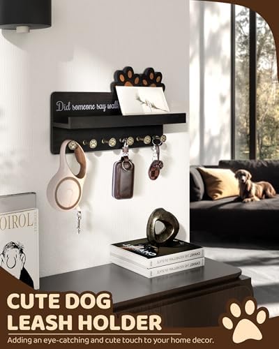 MTERSN Decorative Dog Leash Holder for Wall with Shelf & 6 Hooks, Black - Image 2