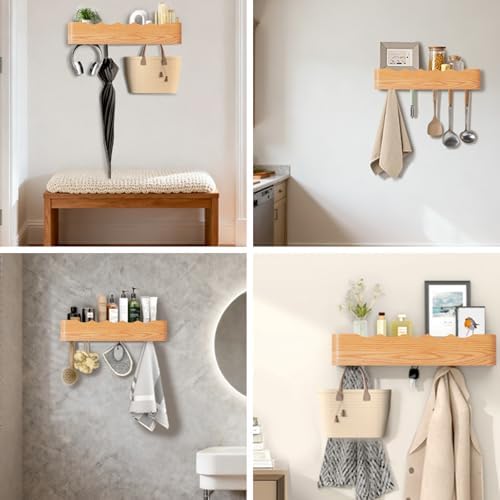 Wall Mounted Coat Rack with Shelf, Wooden Entryway Organizer with Hidden Metal Hooks for Hanging Coats Bags Keys, Modern Floating Shelf for Hallway Bathroom - Image 6
