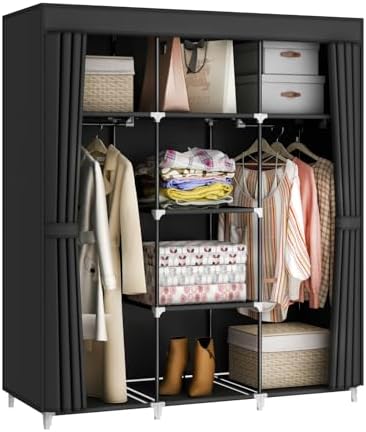 51" Portable Wardrobe Closet, Clothes Organizer, 8 Shelves 2 Rods, Black by MOGELAFOO