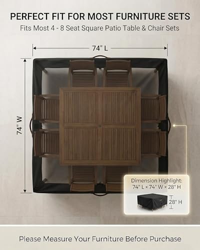 Outdoor Patio Furniture Cover Square, Heavy Duty 600D Waterproof Cover for Table & Chair Set or Sofa Set Covers, Windproof,UV Resistant, All-Season for Backyard,Deck,Garden,74" L x 74" W x 28" H,Black - Image 4