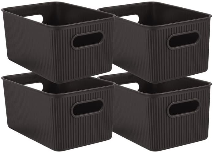 Superio Ribbed Collection - Decorative Plastic Basket Open Home Storage Bins Organizer, Medium Brown (4 Pack) Container Boxes for Organizing Closet Storage Bins for Shelves Drawer Shelf 5 Liter by Superio