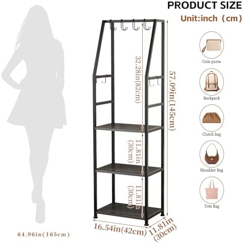 Tall Narrow Purse Organizer for Closet, 3-Tier Floor Standing Handbag Storage Rack with 8 Adjustable Hooks, Space-Saving Purse Display Stand for Small Space Bedroom Entryway(Dark Gray) - Image 3