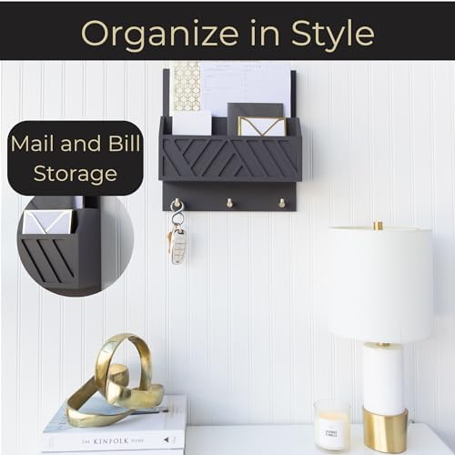 BLU MONACO | Wall-Mounted Mail and Key Holder in Grey Wood | Two-Tier Mail Organizer with Gold Hooks | Entryway Command Center for Home or Office - Image 2