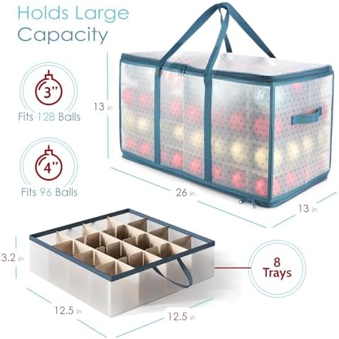 Hearth & Harbor Large Christmas Ornament Storage Box With Adjustable Dividers - Plastic Ornament Storage Container For 128 Holiday Ornaments or Decorations - Image 4