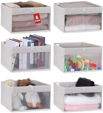 WUIKE 6-Pack Closet Storage Bins with Window, Beige, Large by WUIKE