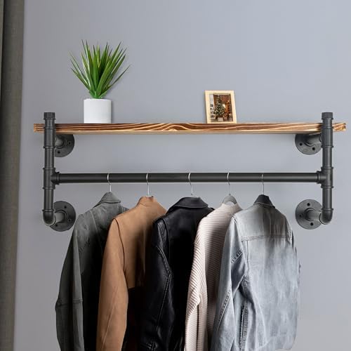 WEBI Wall Mounted Clothes Rack with Shelf,24" Industrial Pipe Clothing Rack with Shelves,Heavy Duty Iron Garment Bar,Retail Display Clothes Rod for Laundry Room,Black - Image 4
