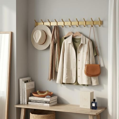 Brushed Gold Wall Mounted Coat Rack – 30 Inch Stainless Steel Rail with 10 Double Coat Hooks for Entryway, Bathroom, Bedroom, Kitchen – Modern Gold Hook Rack for Coats, Hats, Towels - Image 6