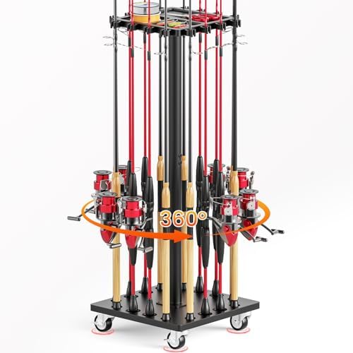 Fishing Rod Holder Rack with 360° Rotating Base – 16 poles Capacity,multi-purpose Rod Storage Rack,Easy Install & Durable Wooden Vertical Fishing Pole Holders for Ground,Black by OFIDELITY