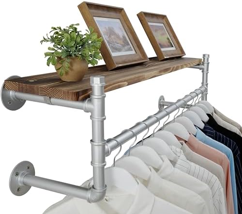 WEBI Wall Mounted Clothes Rack with Shelf,41.3" Industrial Pipe Clothing Rack with Shelf with Hanging Rod,Heavy Duty Iron Garment Rack Bar,Retail Display Clothes Rod for Laundry Room,Closet,Silver by WEBI