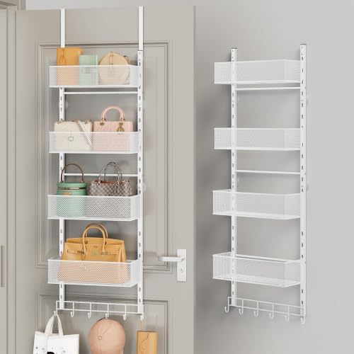 SWTYMIKI Over the Door Purse Organizer - Wall Mounted Purse Rack with 4 Adjustable Metal Basket and 6 Hooks, Hanging Bag Rack for Handbag Organizer, Bag Storage Can Use As 1/2 Part, for Door by SwtyMiki-TidyHomeSweetLife