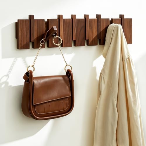 QUELLANCE Wood Coat Rack Wall Mount, Coat Hooks Hanger Wall Mounted, Heavy Duty Wall Coat Rack with 8 Hooks for Hanging Coats/Keys/Hats/Robe&Towels/Plants/Bags, Walnut by WelcometoQuellance