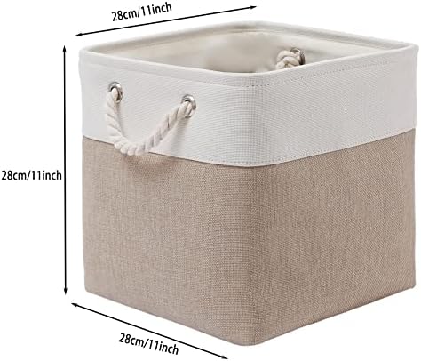 MidmmVick 11 x 11 Inch Cube Storage Bins, 6 Pack Large Collapsible Fabric Storage Bin with Ropes, Foldable Storage Cubes for Home, Office,Closet, Clothes, Toys Organizer (White & Beige-11"x11"x11") - Image 5