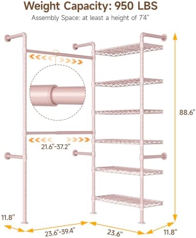 ONBRILL L2 Wall Mounted Closet System, Industrial Pipe Clothing Rack, Pink - Image 2