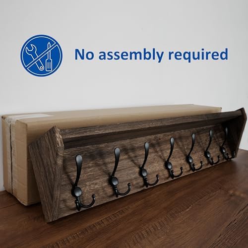 WEBI Coat Rack Wall Mount with Shelf,35" Long Wall Shelf with Hooks Underneath,7 Triple Hooks for Entryway,Hallway,Bedroom,Weathered Brown - Image 4