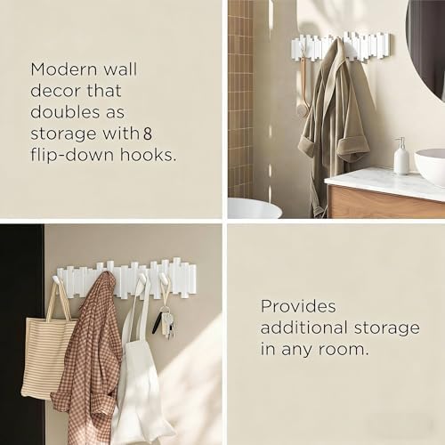 ELECANE Key Holder Wall Mount, Splicable Wooden Piano Coat Rack Wall Mount, Modern Wall Art Flip Down Magnetic Hooks Wall Hook Hat Hanger for Entryway Key Holder Bedroom Kitchen (White, 8 Hooks) - Image 6