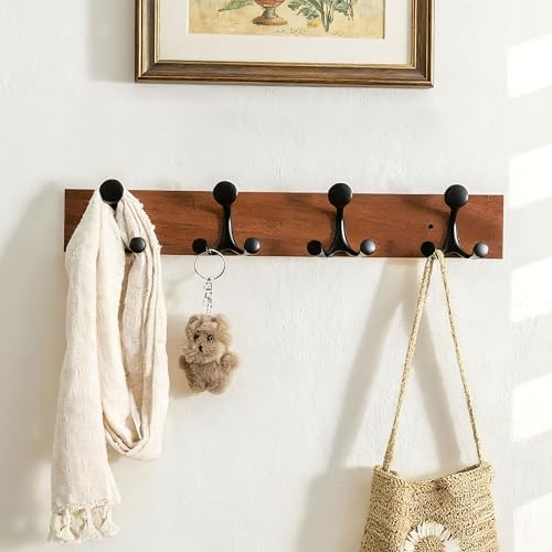 SKOLOO 24-Inch Wood Coat Rack Wall Mount with 4 Triple Hooks - Ideal for Family Entrances, Classrooms, and Pet Supplies Storage - Perfect Coat Hooks for Wall,Mahogany (Sapele) - Image 3