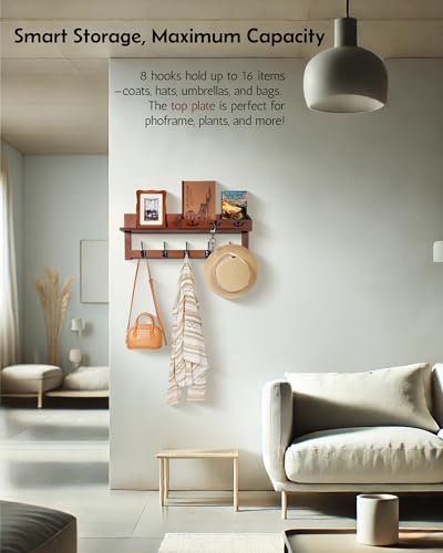 Coat Rack Wall Mount with Shelf, 26IN Wooden Coat Hanger Hooks Wall Mount with 8 Metal Hooks, Hanging Shelf with Hooks, Retro Walnut - Image 3